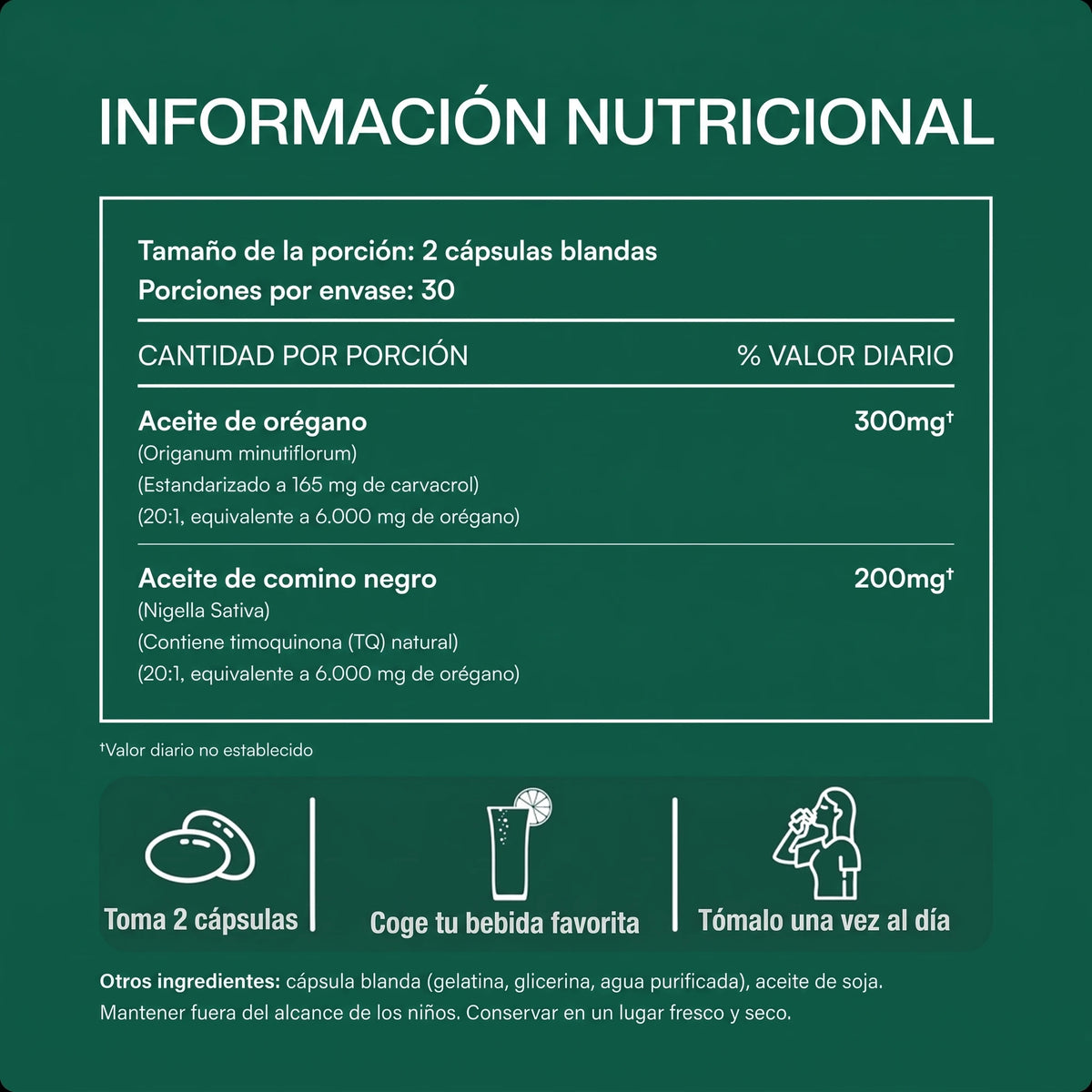 Información nutricional - aceite de orégano Soela